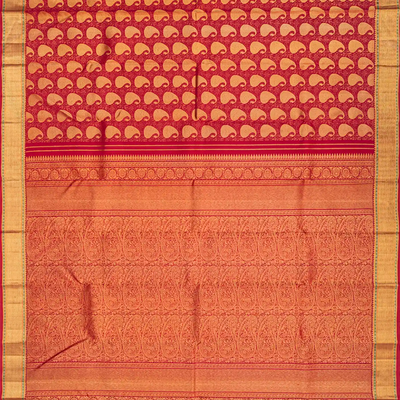 Crimson Handloom Kanchipuram Silk Saree With Mango Zari Motifs-Crimson