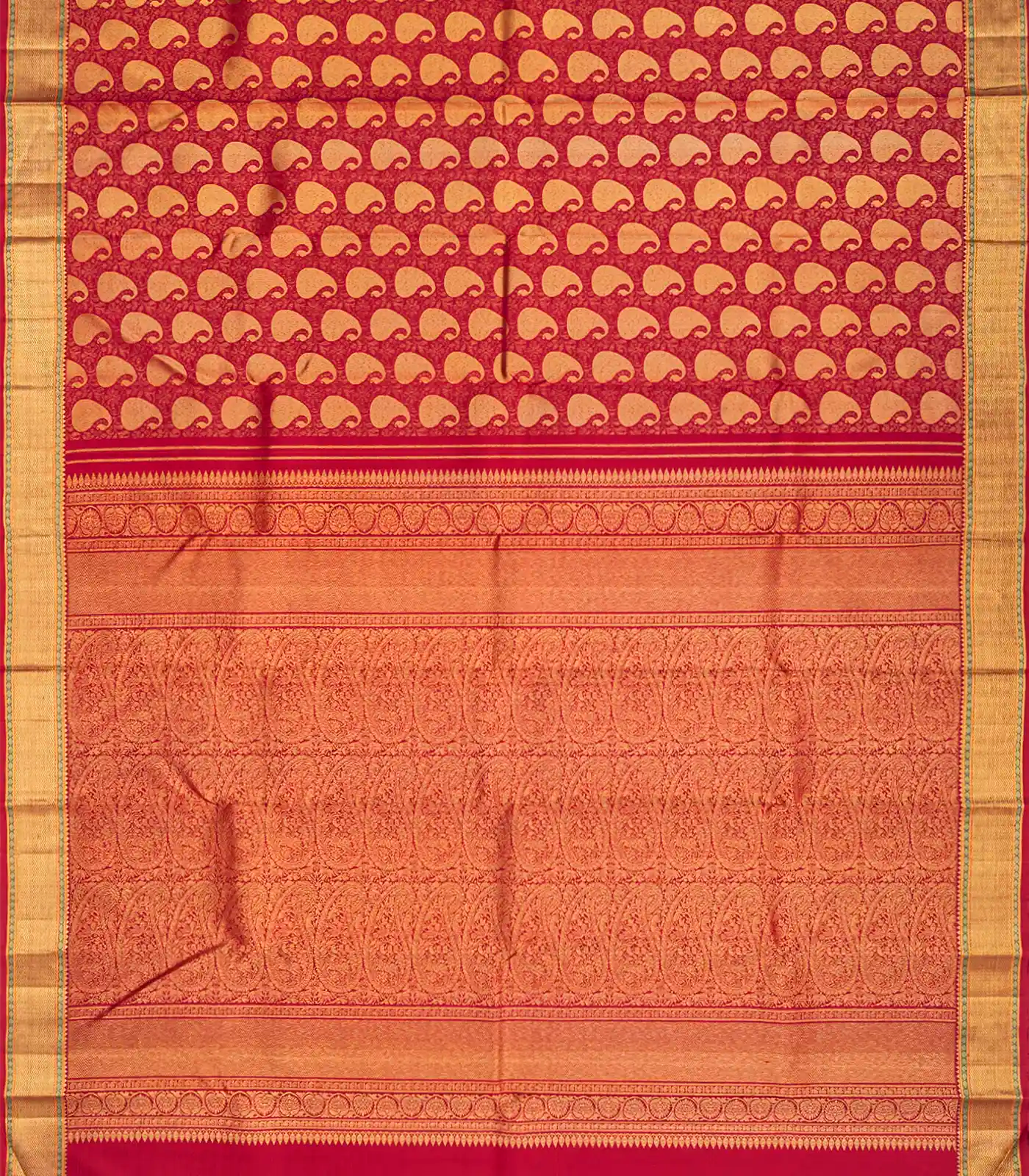 Crimson Handloom Kanchipuram Silk Saree With Mango Zari Motifs-Crimson