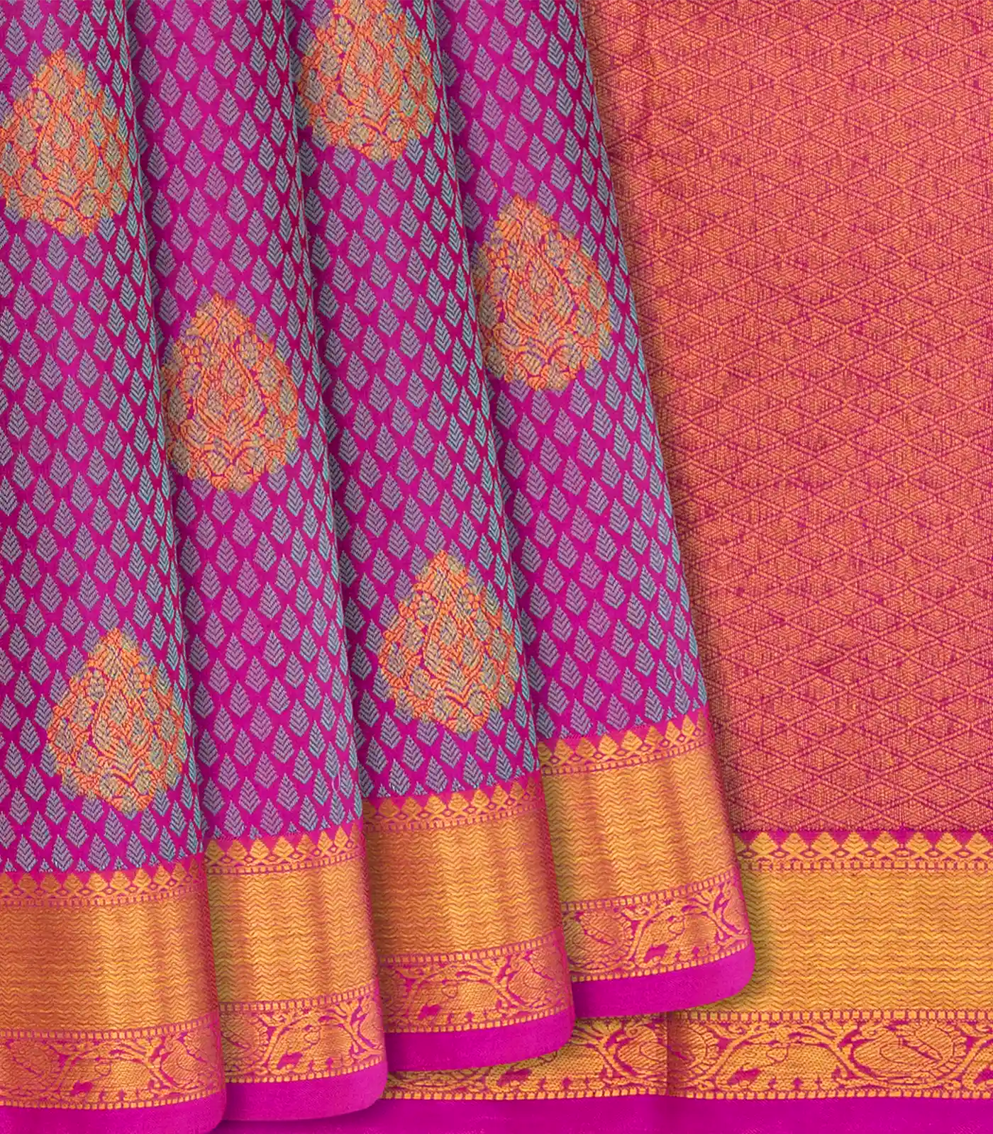 Hot Pink Handloom Kanchipuram Silk Saree With Floral Motifs-Hot Pink