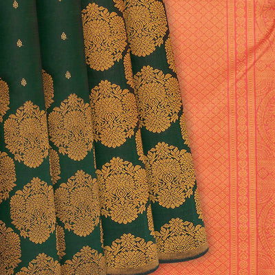 Bottle Green Handloom Kanchipuram Silk Saree With Raising Floral Motifs-Bottle Green