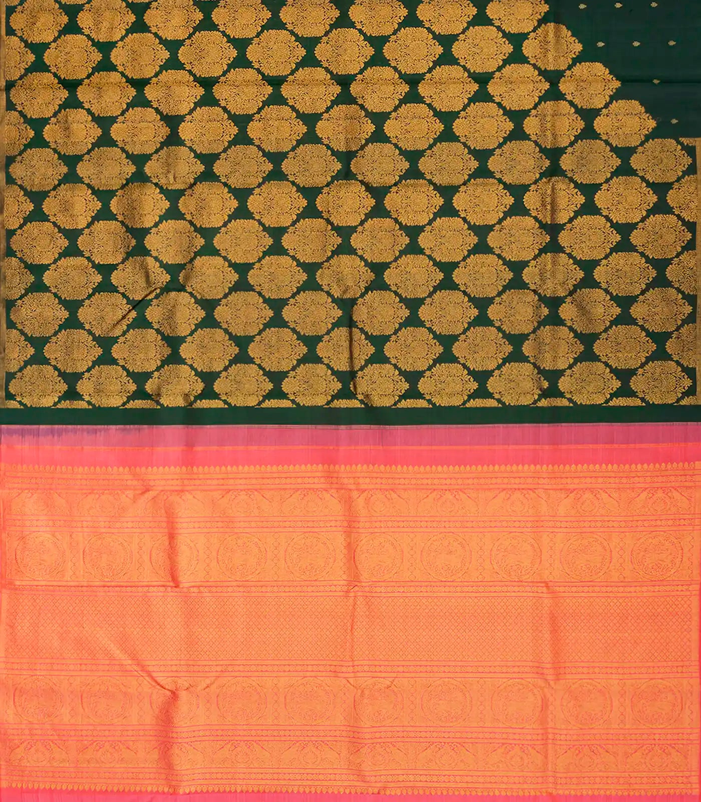 Bottle Green Handloom Kanchipuram Silk Saree With Raising Floral Motifs-Bottle Green