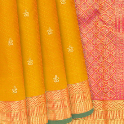 Mustard Handloom Kanchipuram Silk Saree With Diagonal Stripes-Mustard