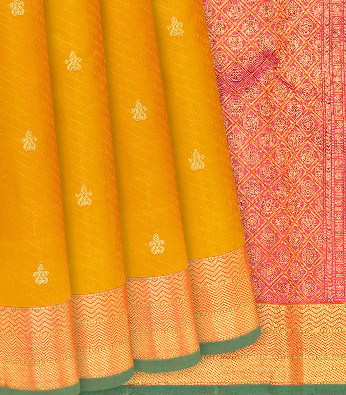 Mustard Handloom Kanchipuram Silk Saree With Diagonal Stripes-Mustard
