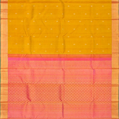 Mustard Handloom Kanchipuram Silk Saree With Diagonal Stripes-Mustard