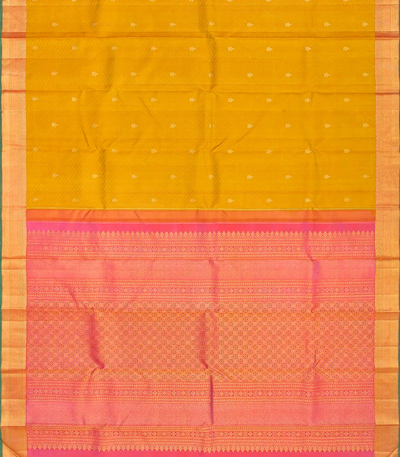 Mustard Handloom Kanchipuram Silk Saree With Diagonal Stripes-Mustard