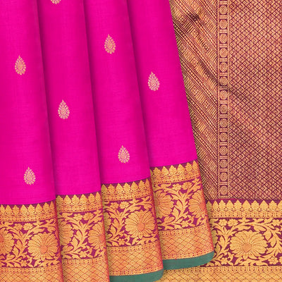 Hot Pink Handloom Kanchipuram Silk Saree With Floral Motifs-Hot Pink