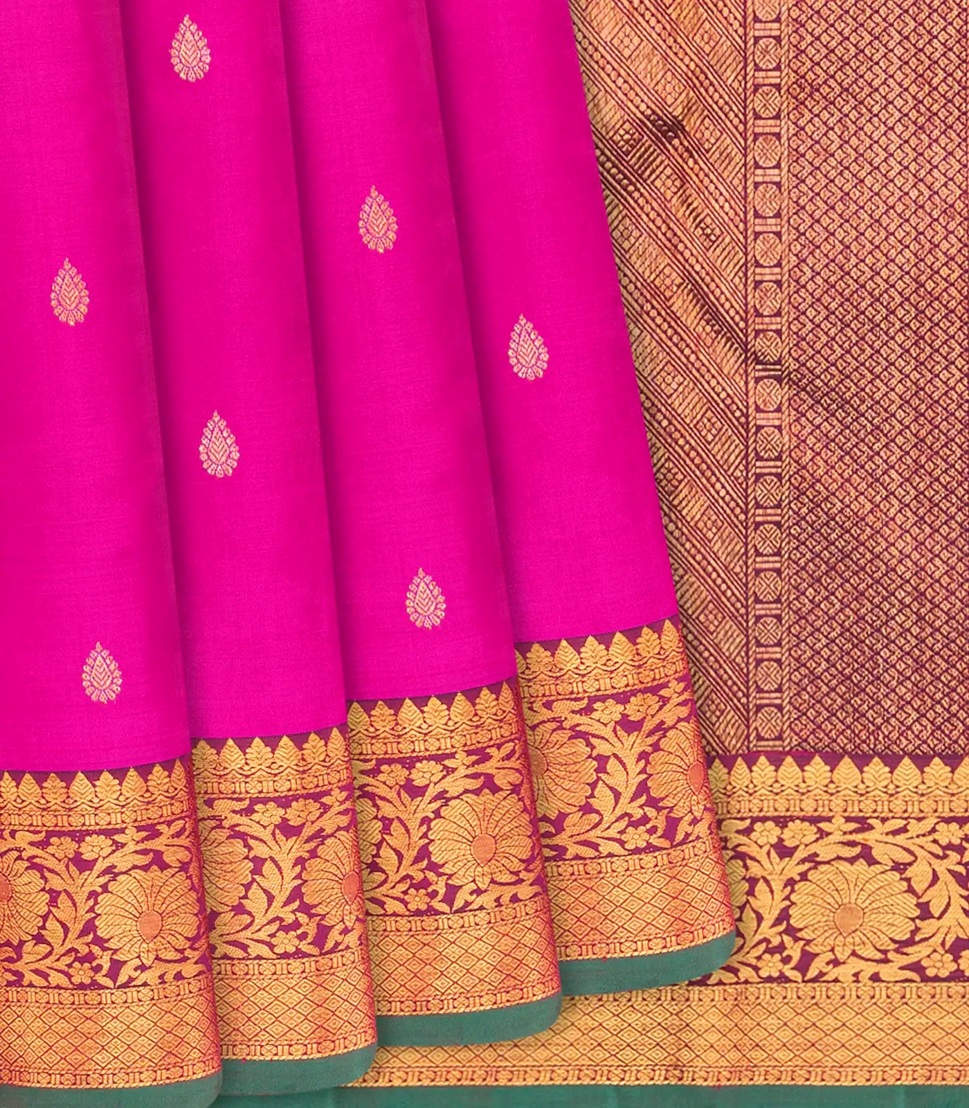 Hot Pink Handloom Kanchipuram Silk Saree With Floral Motifs-Hot Pink