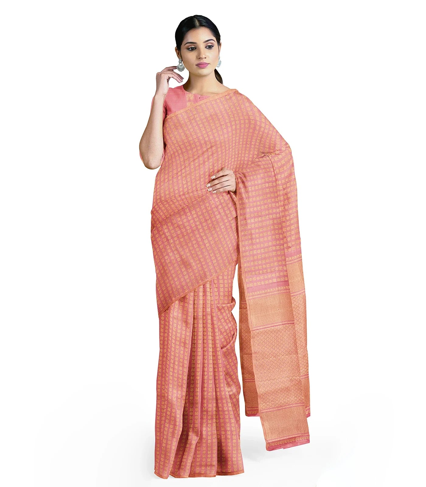 Pink Handloom Kanchipuram Silk Saree With Annam Chakaram Motifs -Pink