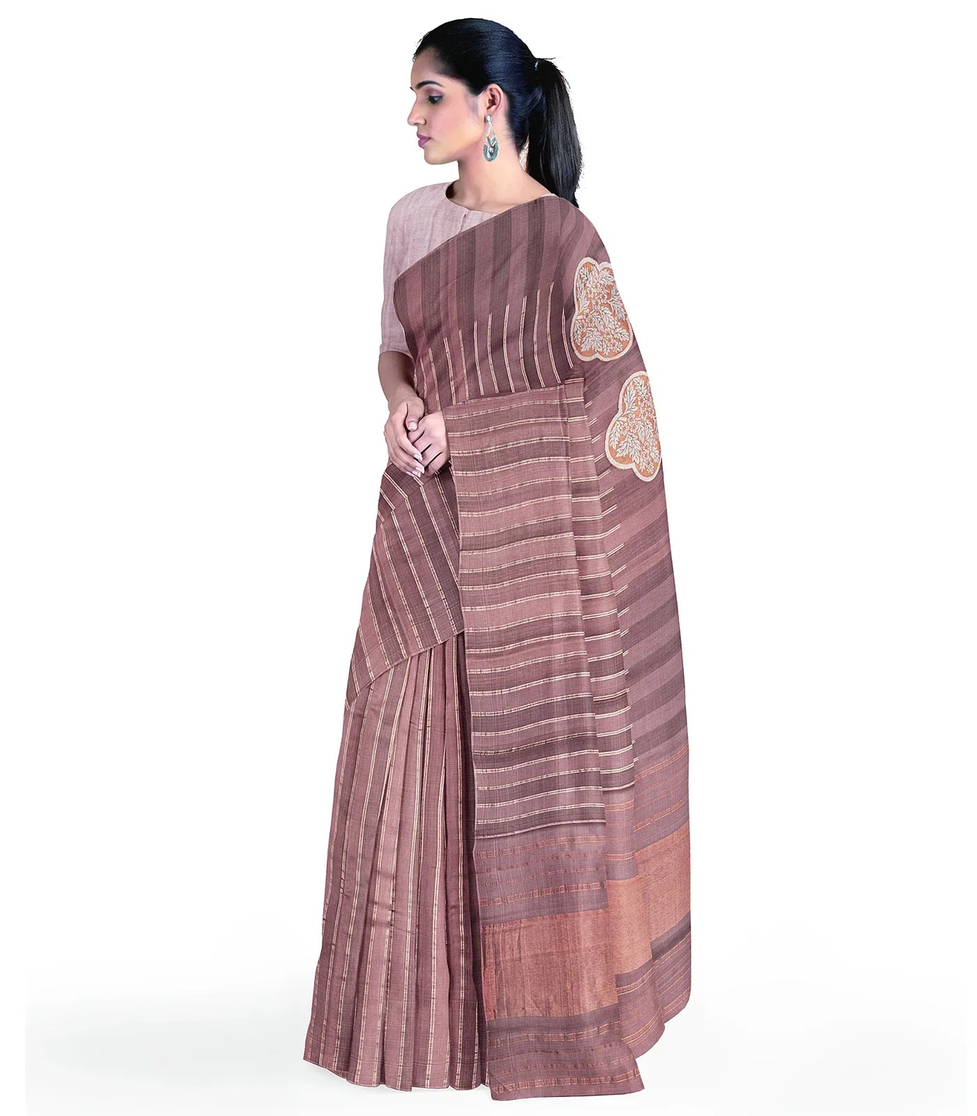 Dusty Pink Handloom Kanchipuram Silk Saree With Stripes-Dusty Pink