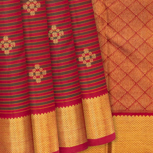 Crimson Handloom Kanchipuram Silk Saree With Stripes-Crimson