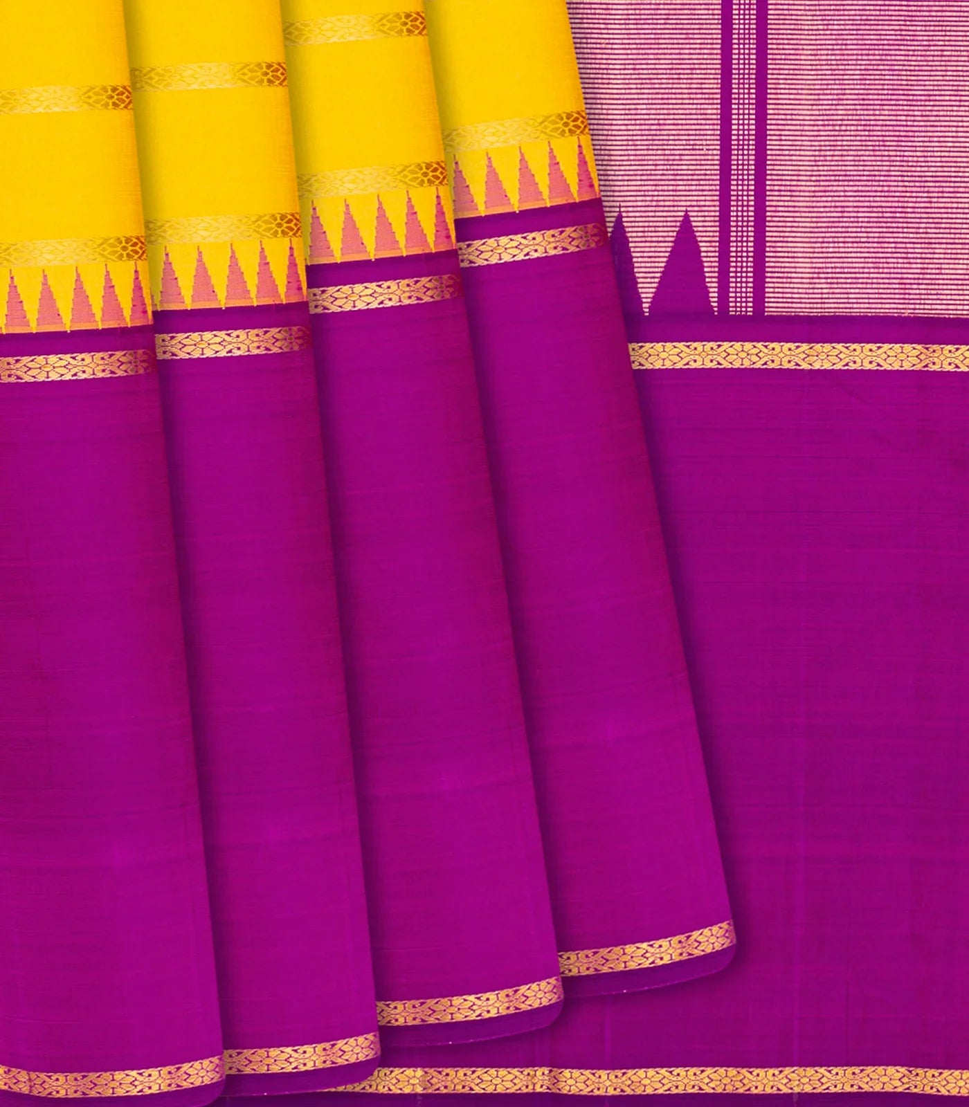 Yellow Handloom Kanchipuram Muppagam Korvai Silk Saree -Yellow