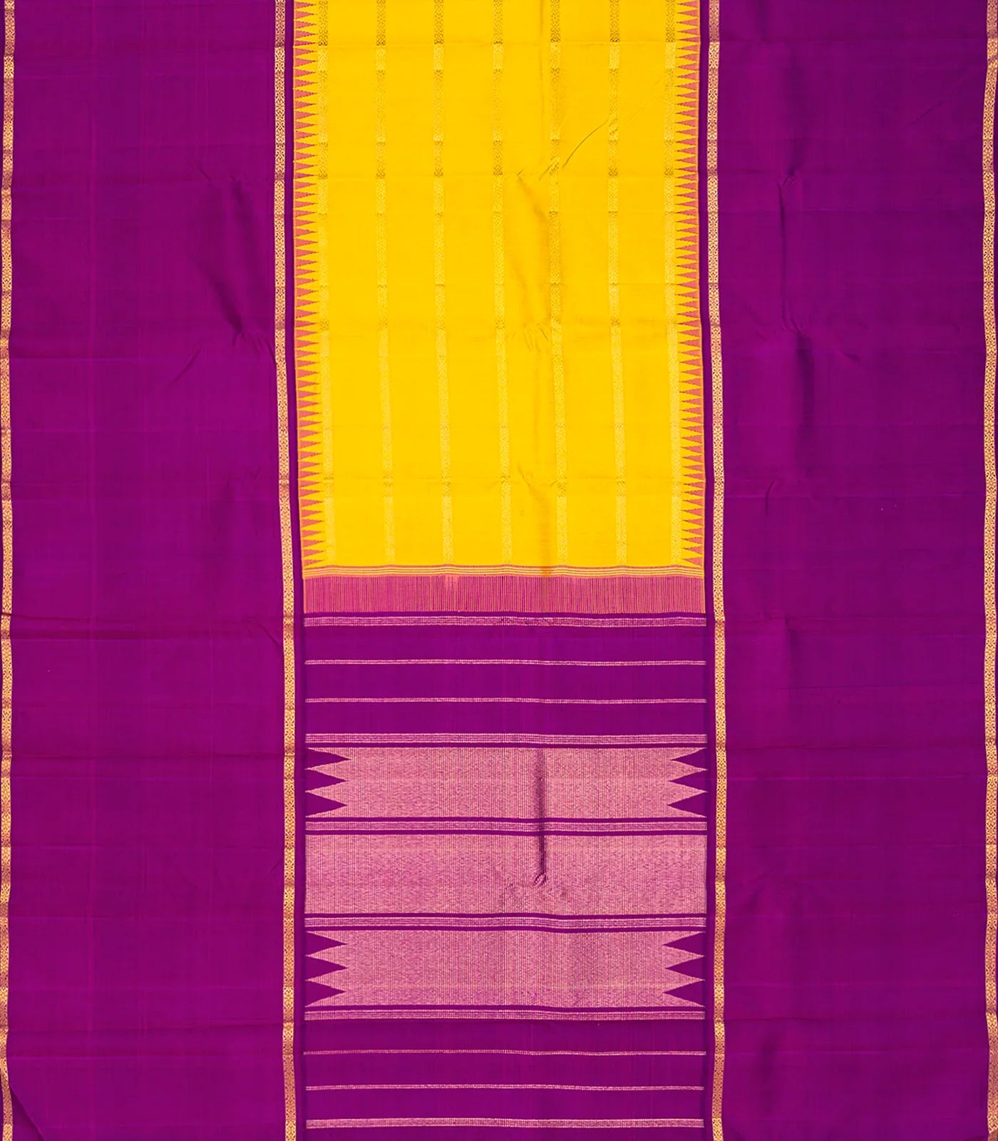 Yellow Handloom Kanchipuram Muppagam Korvai Silk Saree -Yellow