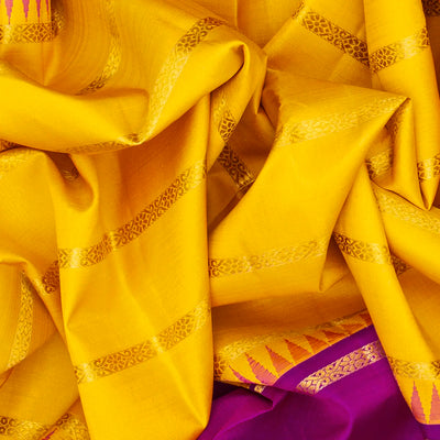 Yellow Handloom Kanchipuram Muppagam Korvai Silk Saree -Yellow