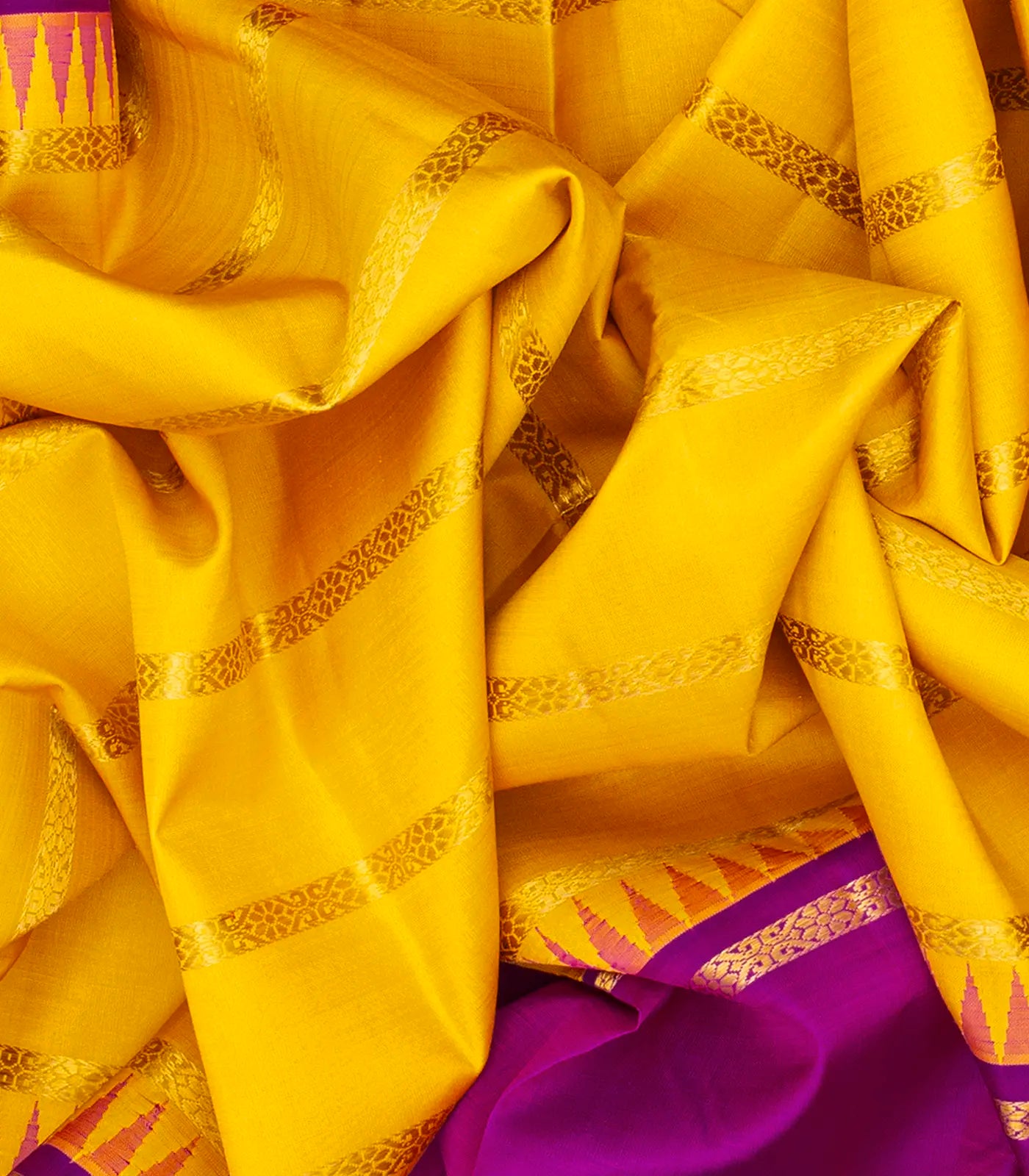 Yellow Handloom Kanchipuram Muppagam Korvai Silk Saree -Yellow