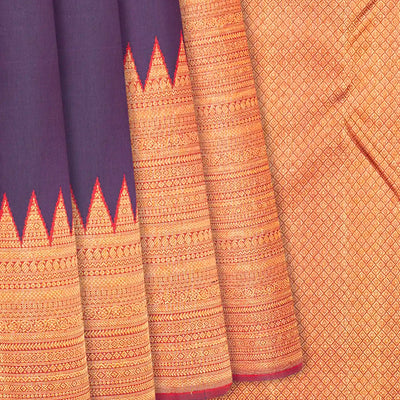 Mauve Handloom Kanchipuram Korvai Silk Saree With Rising Border-Mauve