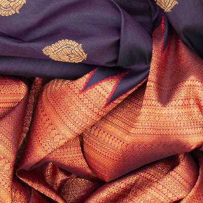 Mauve Handloom Kanchipuram Korvai Silk Saree With Rising Border-Mauve