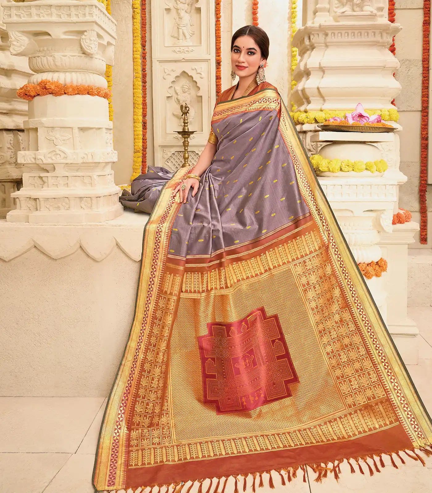 Lavender Handloom Kanchipuram natural dyed silk saree with Hase Chittara Motifs