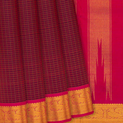 Maroon Handwoven Kanchipuram Silk Saree With Checks-Maroon