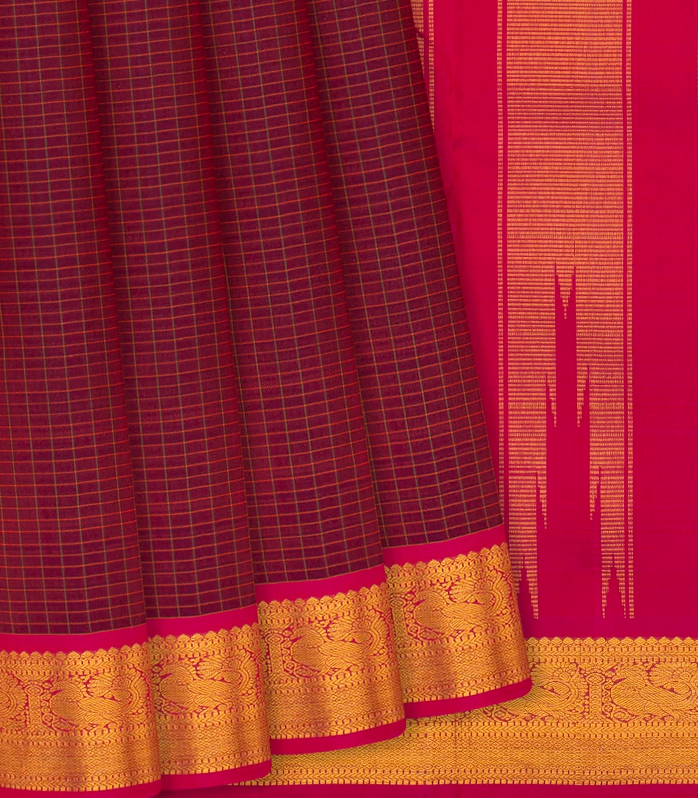 Maroon Handwoven Kanchipuram Silk Saree With Checks-Maroon