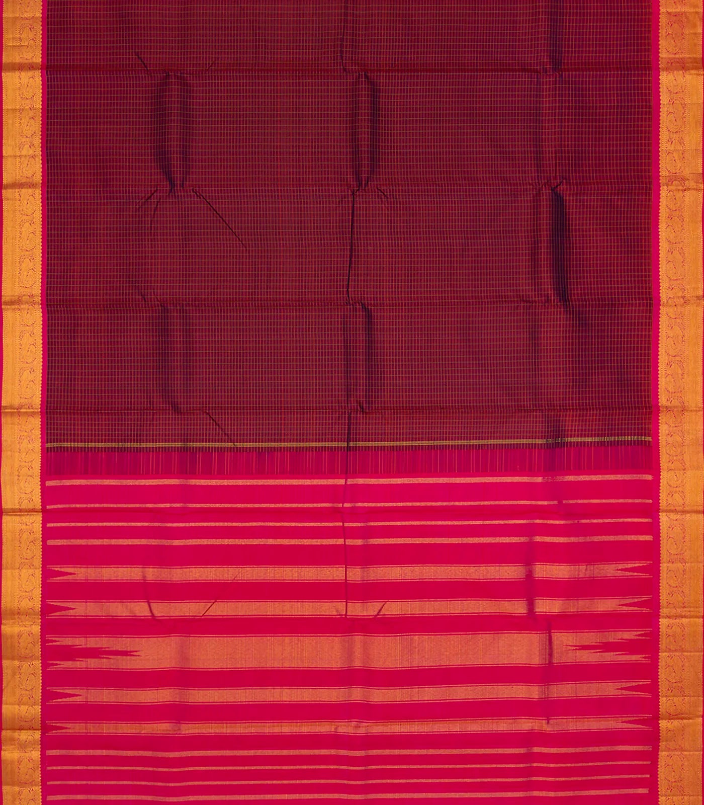 Maroon Handwoven Kanchipuram Silk Saree With Checks-Maroon