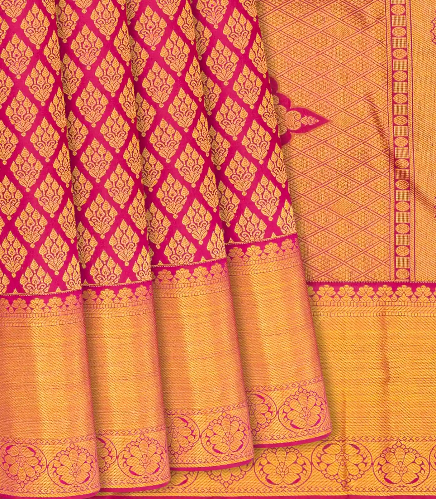 Hot Pink Handloom Kanchipuram Silk Saree With Floral Motifs-Hot Pink