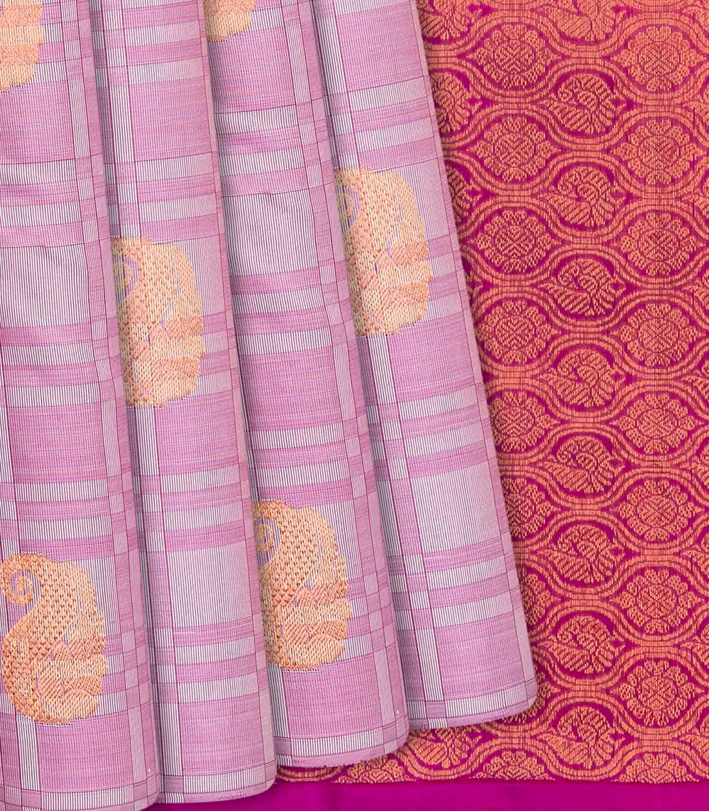 Dusty Pink Handwoven Kanchipuram Payadi Silk Saree With Checks-Dusty Pink