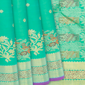 Aquamarine Handwoven Kanchipuram Silk Saree With Floral Motifs-Aquamarine