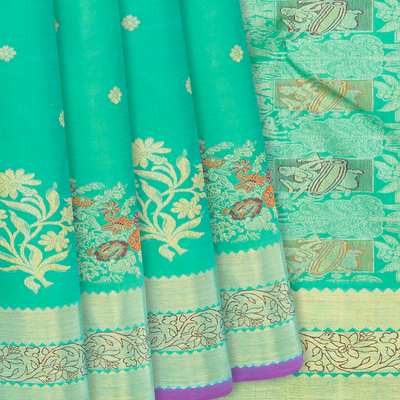 Aquamarine Handwoven Kanchipuram Silk Saree With Floral Motifs-Aquamarine