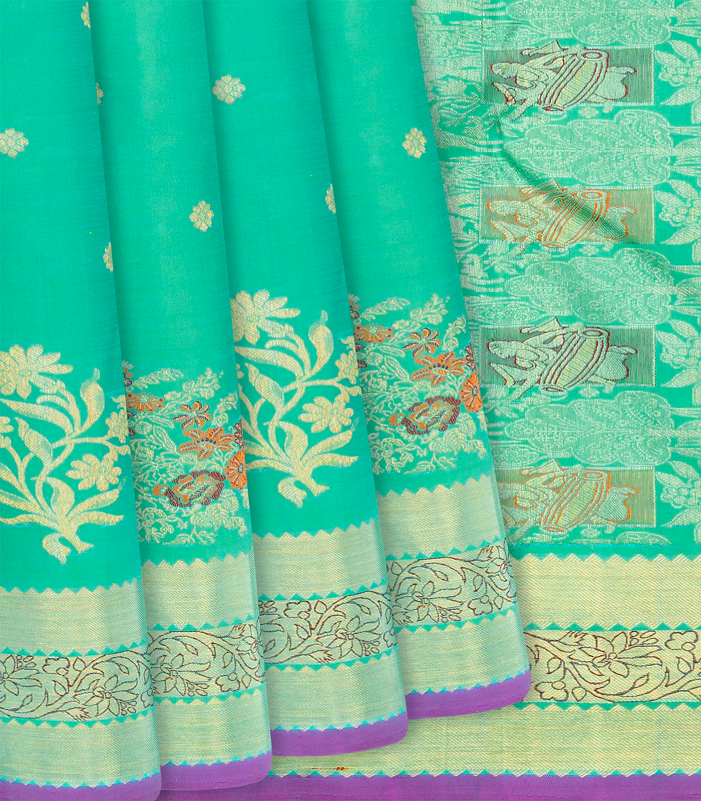 Aquamarine Handwoven Kanchipuram Silk Saree With Floral Motifs-Aquamarine