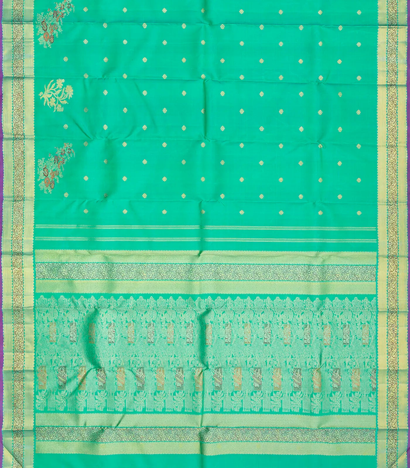 Aquamarine Handwoven Kanchipuram Silk Saree With Floral Motifs-Aquamarine