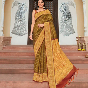 Sage Green Handloom Kanchipuram Korvai Silk Saree With Minangkabau Motifs