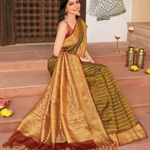 Sage Green Handloom Kanchipuram Korvai Silk Saree With Minangkabau Motifs