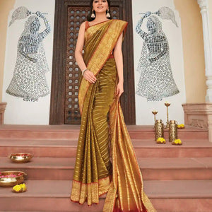 Sage Green Handloom Kanchipuram Korvai Silk Saree With Minangkabau Motifs