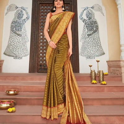 Sage Green Handloom Kanchipuram Korvai Silk Saree With Minangkabau Motifs