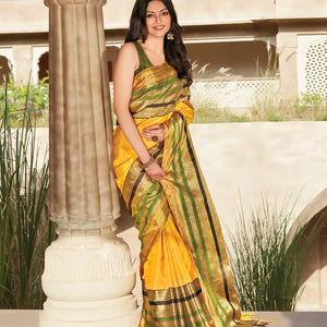 Mustard Handwoven Nautral Dyed Meena Border Kanchipuram Silk Saree