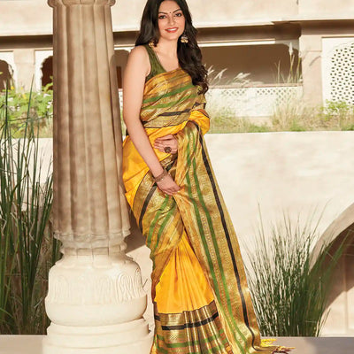 Mustard Handwoven Nautral Dyed Meena Border Kanchipuram Silk Saree