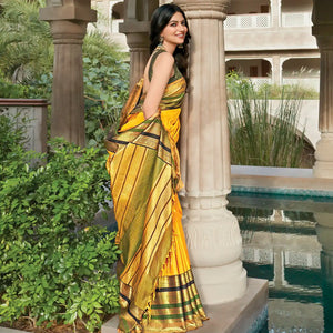 Mustard Handwoven Nautral Dyed Meena Border Kanchipuram Silk Saree