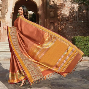 Rust Handwoven Natural Dyed Kanchipuram Bhujodi Motif Saree -Rust