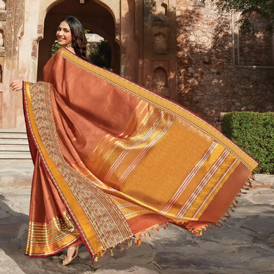 Rust Handwoven Natural Dyed Kanchipuram Bhujodi Motif Saree -Rust