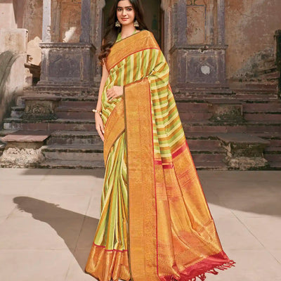 Multi Color Handwoven Natural Dyed Kanchipuram Vazhaipoo Stripes Saree