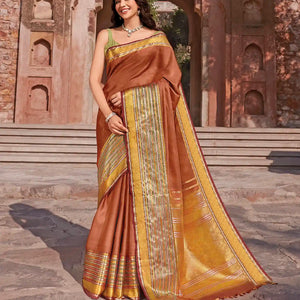 Rust Handwoven Natural Dyed Kanchipuram Bhujodi Motif Saree -Rust