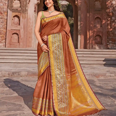 Rust Handwoven Natural Dyed Kanchipuram Bhujodi Motif Saree -Rust