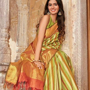 Multi Color Handwoven Natural Dyed Kanchipuram Vazhaipoo Stripes Saree