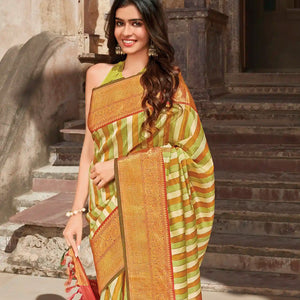 Multi Color Handwoven Natural Dyed Kanchipuram Vazhaipoo Stripes Saree