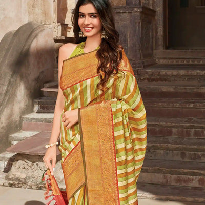Multi Color Handwoven Natural Dyed Kanchipuram Vazhaipoo Stripes Saree