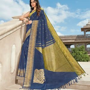 Indigo Handwoven Natural Dyed Kanchipuram Corner Mango Saree