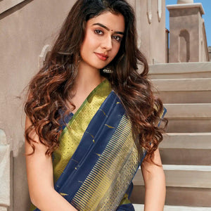 Indigo Handwoven Natural Dyed Kanchipuram Corner Mango Saree