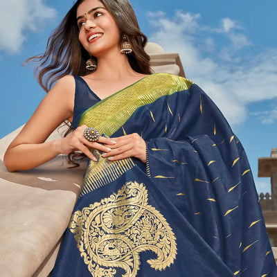 Indigo Handwoven Natural Dyed Kanchipuram Corner Mango Saree