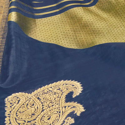 Indigo Handwoven Natural Dyed Kanchipuram Corner Mango Saree