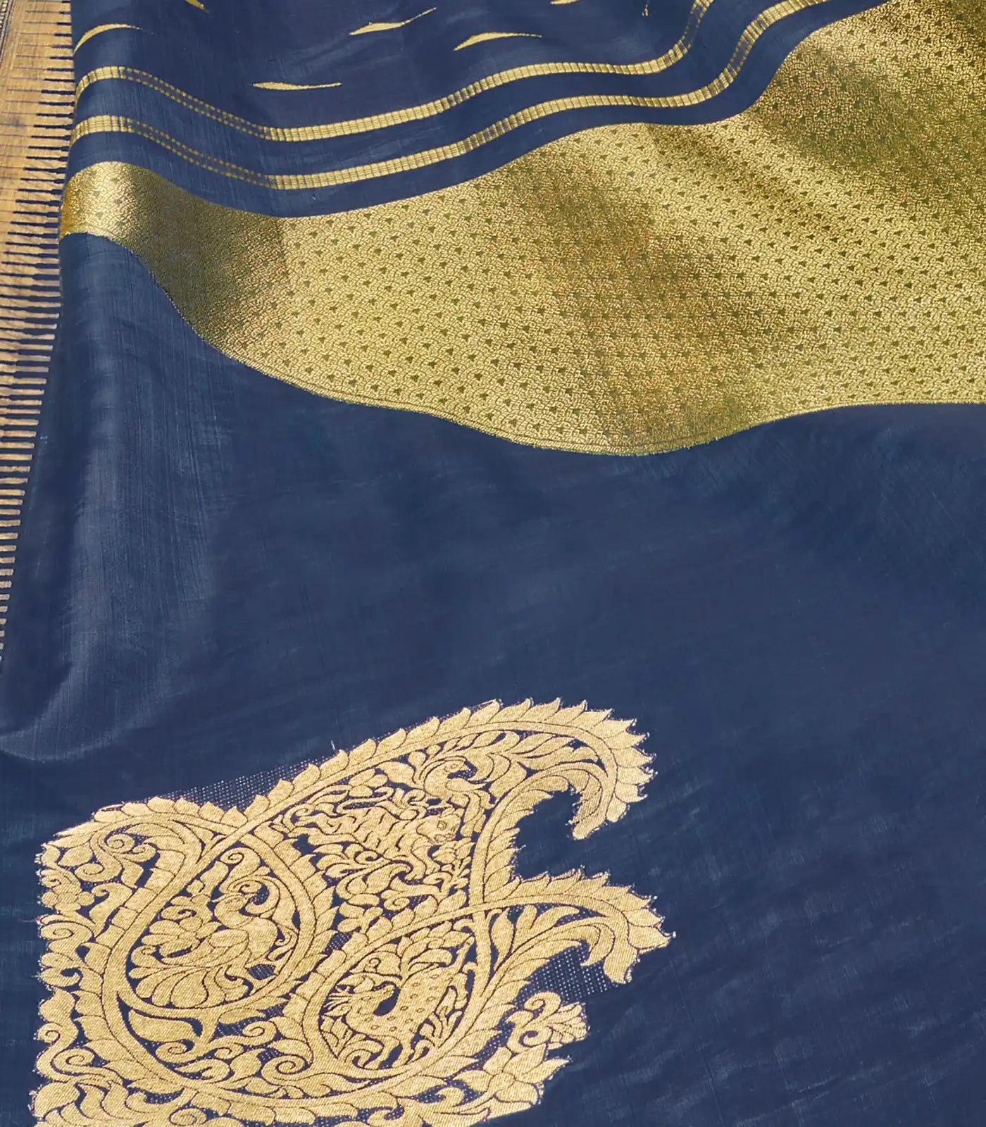 Indigo Handwoven Natural Dyed Kanchipuram Corner Mango Saree